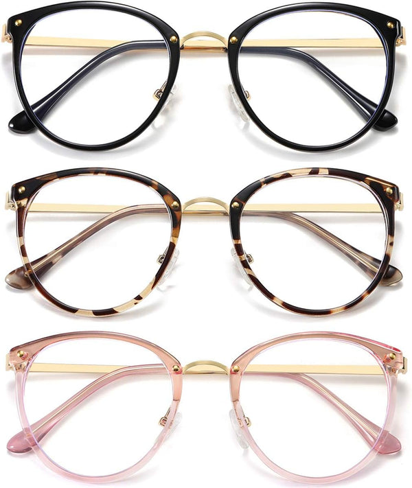 Blue Light Blocking Glasses (3 Pack) - Women and Men Computer Eyeglasses with Metal Frame (Black, Leopard, Pink)