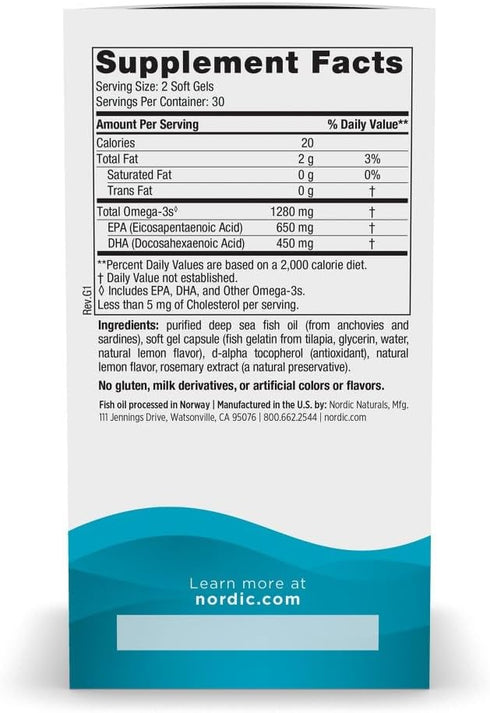 Nordic Naturals Ultimate Omega in Fish Gelatin, Lemon Flavor - 60 Soft Gels - 1280 mg Omega-3 - High-Potency Fish Oil Supplement - EPA & DHA - Promotes Brain & Heart Health - Non-GMO - 30 Servings