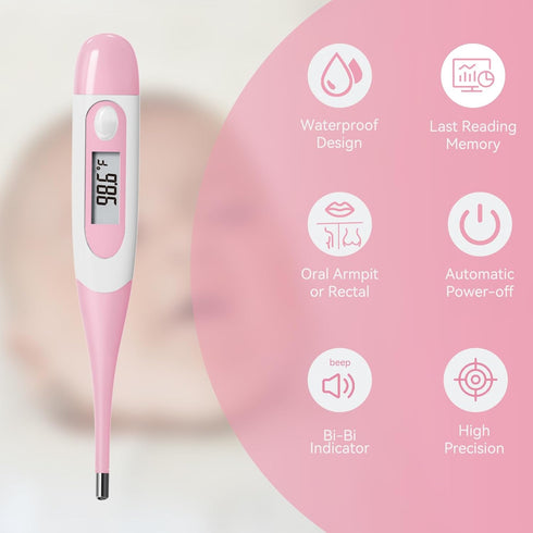 Clinical Digital Thermometer for Adults and Babies, Oral, Armpit, Rectal, Fever Alarm, Flexible Tip