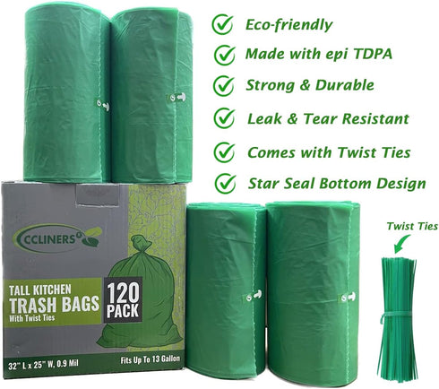 120 Count 13 Gallon Eco-friendly Trash Bags, Medium Green Garbage Bags, Portable Camping Toilet Bags