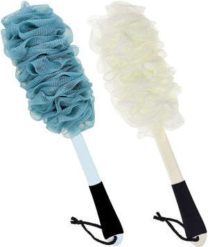 2 Pack Back Scrubber for Shower, Soft Loofah Sponge with Non-slip Handle, Blue and White