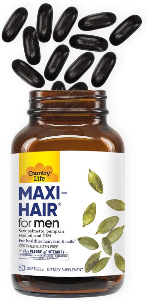 Country Life Maxi-Hair for Men - 2000mcg Biotin, Saw Palmetto, Pumpkin Seed Oil & More, 60 Vegan Capsules