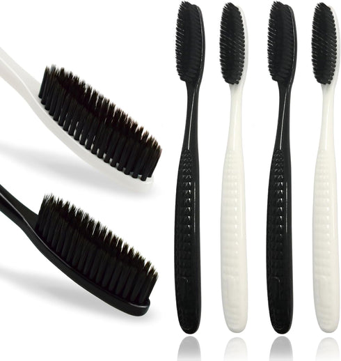 Large Long Head Toothbrush, 4-Pack, Upgraded Hard Charcoal Bristles for Whitening and Plaque Removal