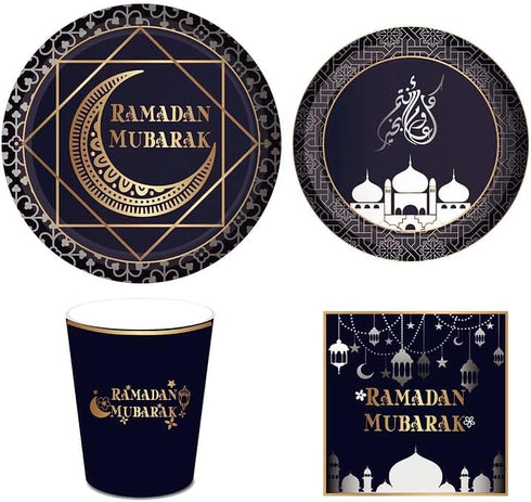 ISLAMIC HOLIDAY DECOR Ramadan Mubarak Disposable Dinner Set for 8 - Plates, Cups, Napkins -