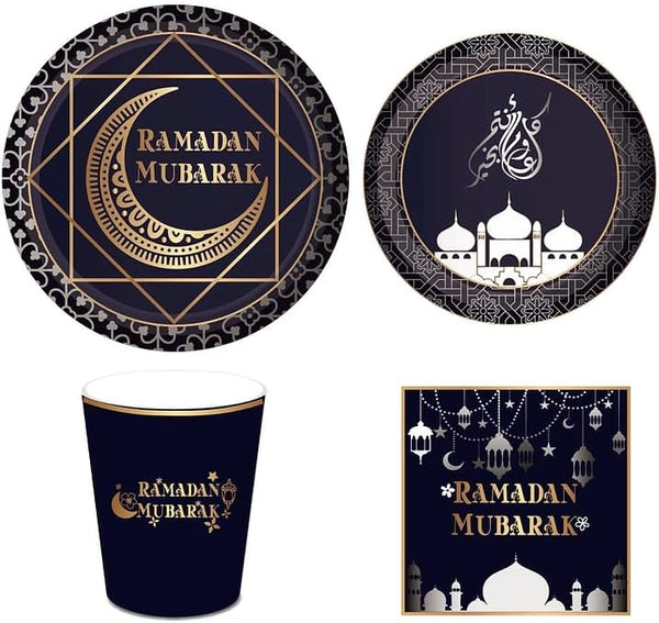 ISLAMIC HOLIDAY DECOR Ramadan Mubarak Disposable Dinner Set for 8 - Plates, Cups, Napkins -