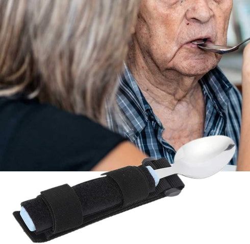 Adaptive Spoon with Universal Adjustable Hand Cuff Utensil Holder, Daily Living Aid for Elderly & Disabilities