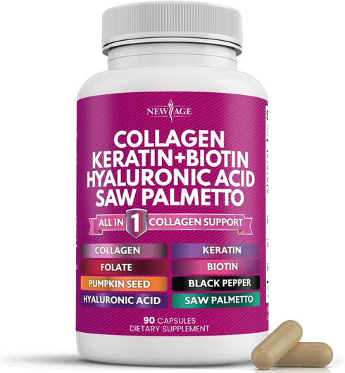 Collagen Pills 1000mg, Biotin 10000mcg, Keratin 2500mg, Hyaluronic Acid - Hair Skin Nails Vitamins, 90 Count