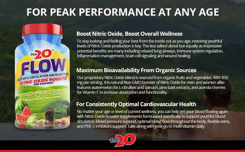 Flow Nitric Oxide Supplement - 60 Capsules, L-Citrulline from Organic Watermelon, Spinach, Acerola Cherries