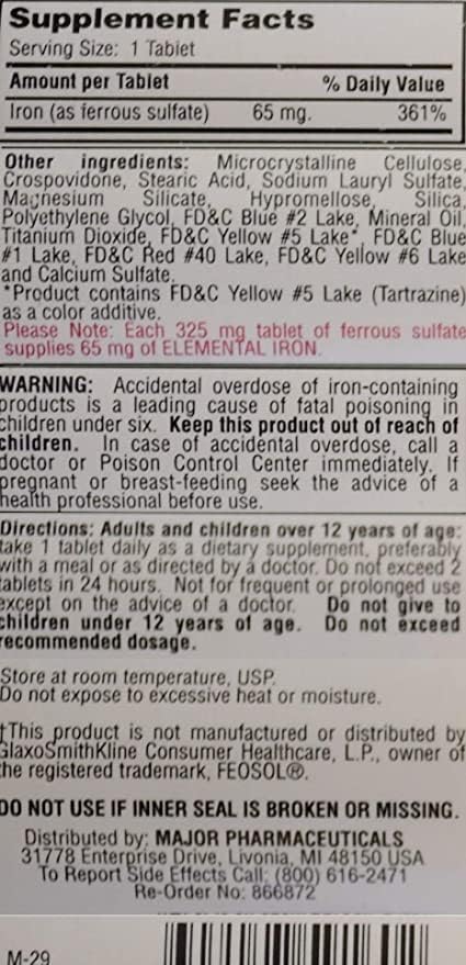 Major Ferosul - Ferrous Sulfate 325mg Tablets with 65mg of Elemental Iron - Iron Supplement for Women, Men - Green - 100 Tablets - Pack of 3