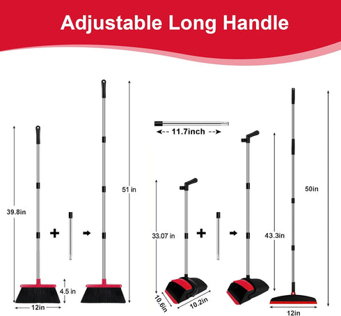 Set 51" Broom with Dustpan Combo and Silicone Air Broom Kit, Long Handle Floor Squeegee, Red Household Kit for Glass
