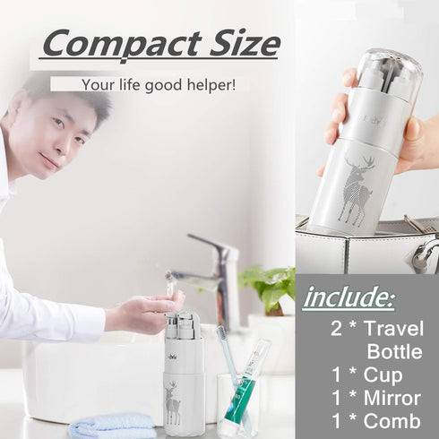 Travel Cups, Toothbrush Cup, Portable Travel Toothbrush Cases, 2 x 45 ml Pump Bottle Soap Dispenser, Mirror, Comb for Camping Business Travel (Grey)