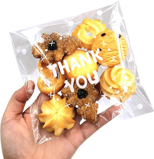 200pcs Clear Self-Adhesive Treat Bags, Cellophane Cookie & Candy Bags with “THANK YOU” Design for Bakery & Party Favors