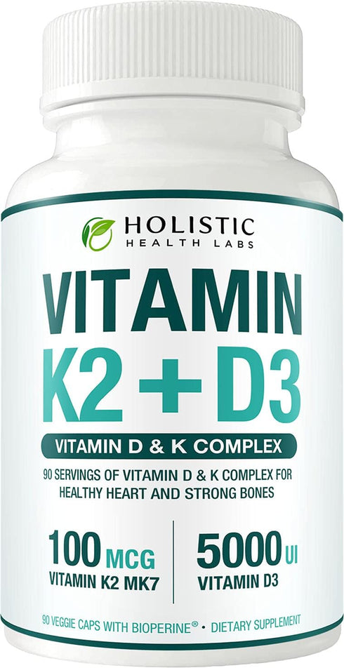 Max Absorption Vitamin K2 + D3 (5000IU) 90 Veggie Capsules from MK-7 and Cholecalciferol for Healthy Heart and Strong