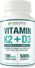 Max Absorption Vitamin K2 + D3 (5000IU) 90 Veggie Capsules from MK-7 and Cholecalciferol for Healthy Heart and Strong