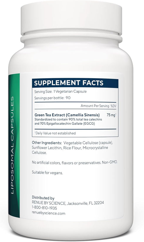 RENUE Liposomal Green Tea Extract Supplement - 75 mg, 70% EGCG, Bioavailable Formula for Increased Absorption, 90