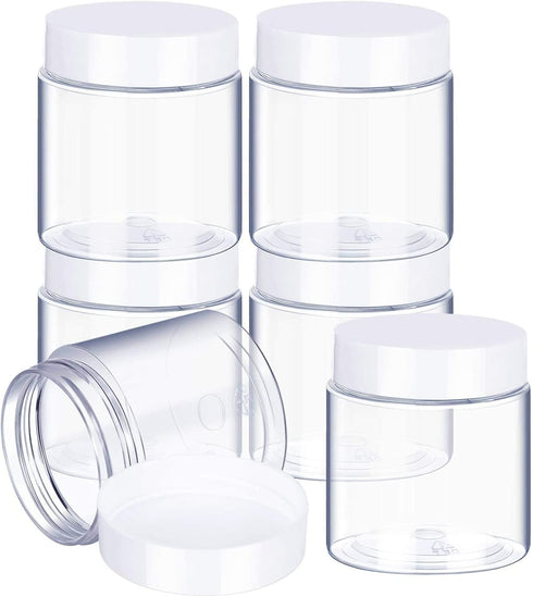 6 Pack 8 oz Plastic Pot Jars, Round Clear Leak Proof Cosmetic Container Jars with White Lids for Travel Storage, Jewelry