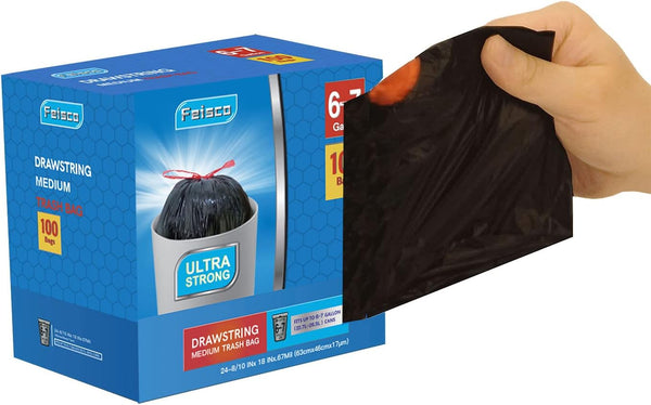 Medium Drawstring Garbage Bag, 6-7 Gallon Black Trash Bag, 100 Counts, 0.67 Mil