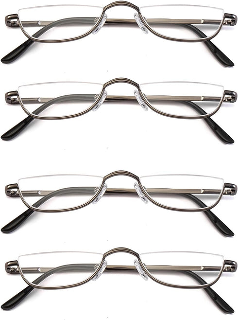 KoKoBin Half Reading Glasses, 4 Pairs Gunmetal Metal Frame Spring Hinge Readers for Men and Women, 2.25