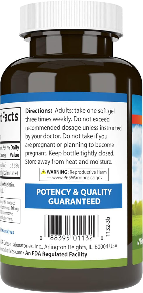Carlson Vitamin A, 25000 IU (7500 mcg RAE), Immune Support, Vision Health, Antioxidant, 250 Softgels