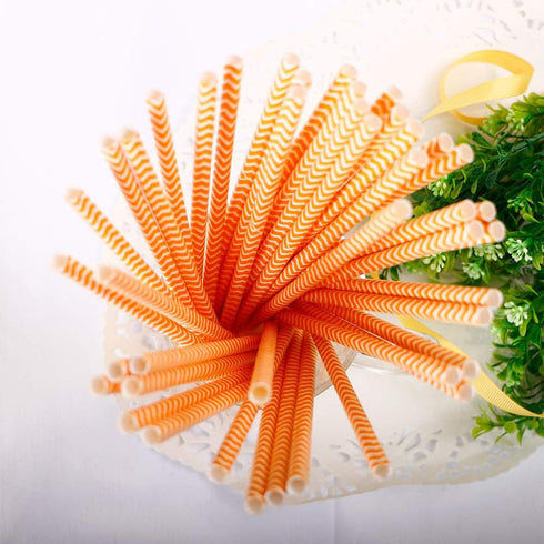 Webake 100 Pack Chevron Paper Straws, 7.75 Inch Disposable Biodegradable Straws, Orange Striped