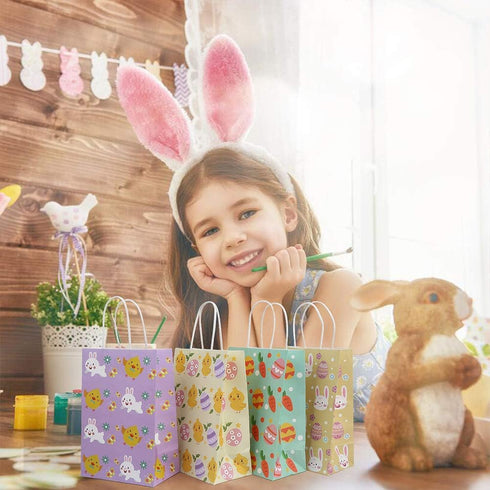 CCINEE 12PCS Easter Gift Bags, Bunny Kraft Paper Treat Bags with Handles for Kids Party Gift Wrapping