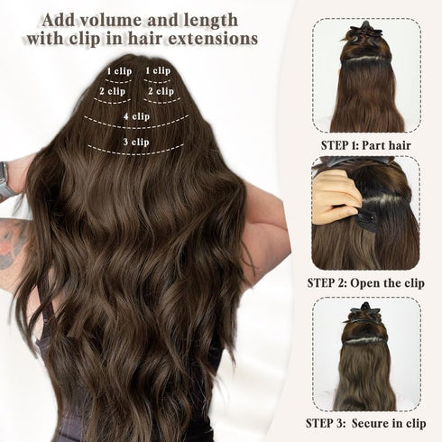 Vigorous Clip in Hair Extensions 20 Inch, 6 Pcs Long Wavy Hairpieces in Medium Brown