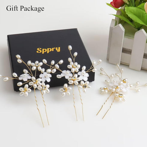Wedding Hair Pins (3 Pcs) - Elegant Pearl Floral Crystal Hair Accessories for Bridal Women in Gold