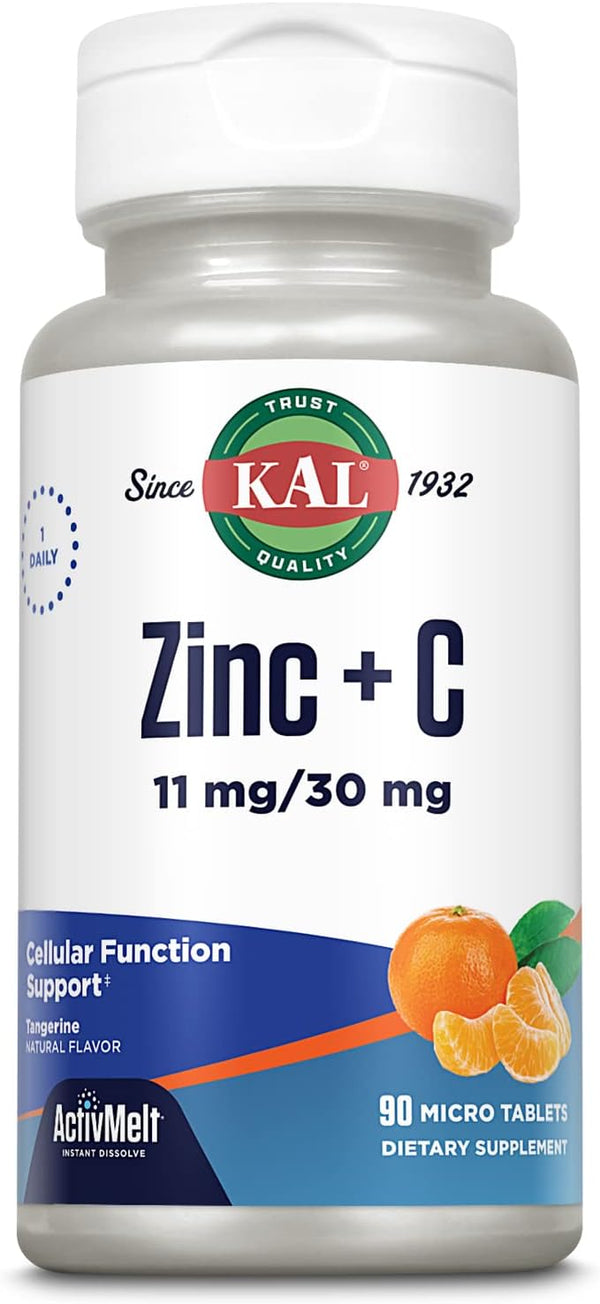 KAL Zinc Plus C, Instant Dissolve Vitamin C and Zinc, Natural Tangerine Flavor, 90 Servings, 90 Micro Tablets