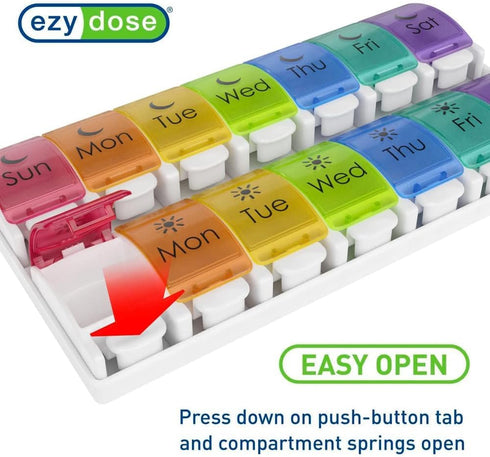 EZY DOSE Weekly Pill Case, 7-Day Medicine Planner, Vitamin Organizer, AM/PM Removable Trays, Easy to Use, Rainbow Lids