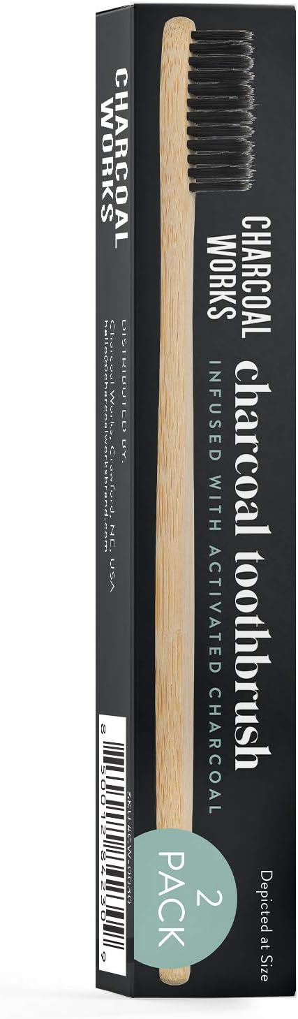 Charcoal Works Adult Charcoal Infused Bamboo Toothbrush, Natural, Pack of 2