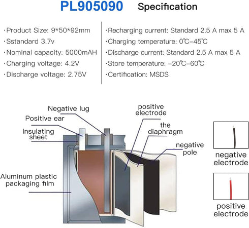 3.7V 5000mAh 905090 Lithium Polymer Ion Rechargeable Battery with 2P PH 2.0mm Pitch Connector