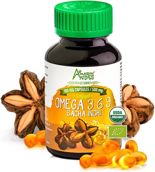 Amazon Andes Sacha Inchi Oil Capsules, 100 Softgel Pills (500mg) - Vegan, Non-GMO, Gluten Free, Healthier Source of