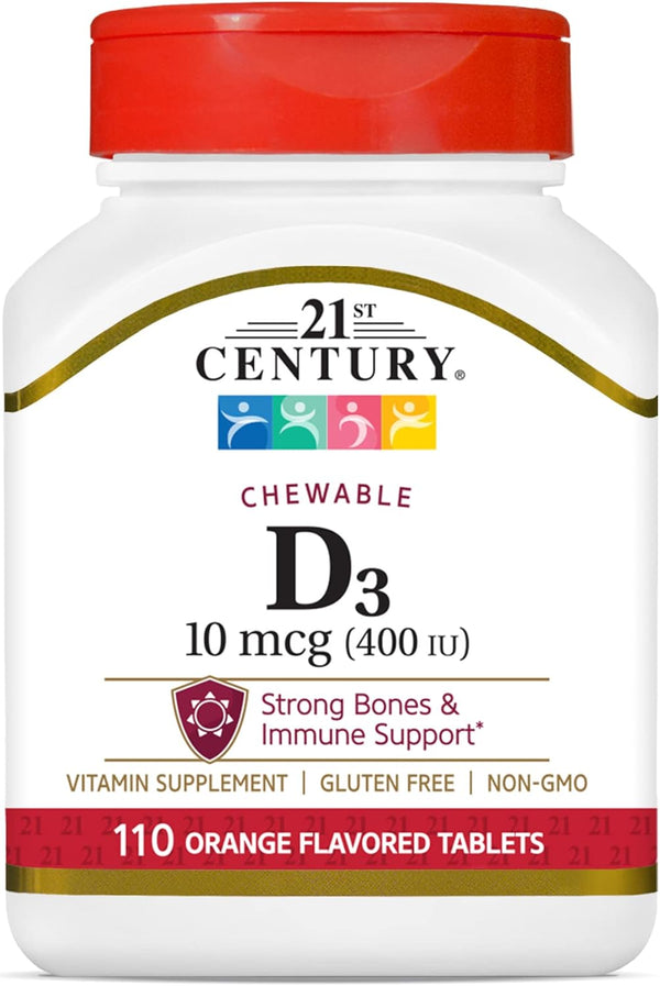 21st Century D3 400 IU Orange Chewable Tablets, 110 Count, Gluten Free (Pack of 3)