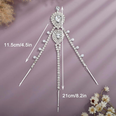 Xerling Bridal Headpiece for Wedding, Silver Zircon Crystal Dangling Tassel Hair Chain Clip-on Accessories
