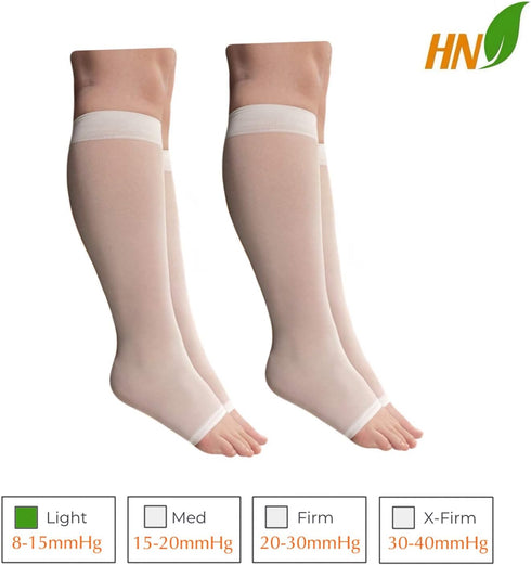 HealthyNees 2 8-15 mmHg Pair Sheer Compression Leg Calf Shin Thin Open Toe Socks