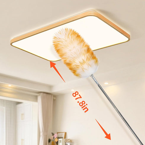 Natural Feathers Duster, Lambswool Duster with Solid Wooden Long Handle, Stainless Steel Extension Pole for Cleaning
