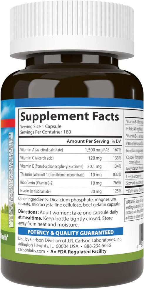 Carlson Women's Iron Restore, 28 mg Iron + B Vitamins, 180 Capsules for Menstrual Support & Women's Health