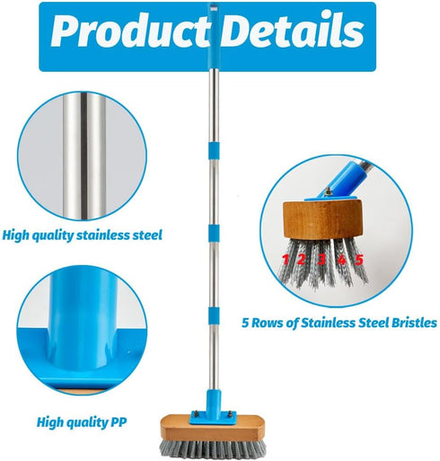 Stainless Steel Deck Scrub Brush, 60" Heavy Duty Floor Scrubber with Pole for Concrete, Patio, Garden Cleaning
