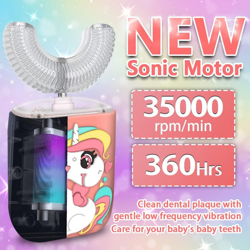 Kids Electric Toothbrush - U Shaped Ultrasonic Automatic Toothbrush with 2 Brush Heads, 6 Cleaning Modes, Cartoon