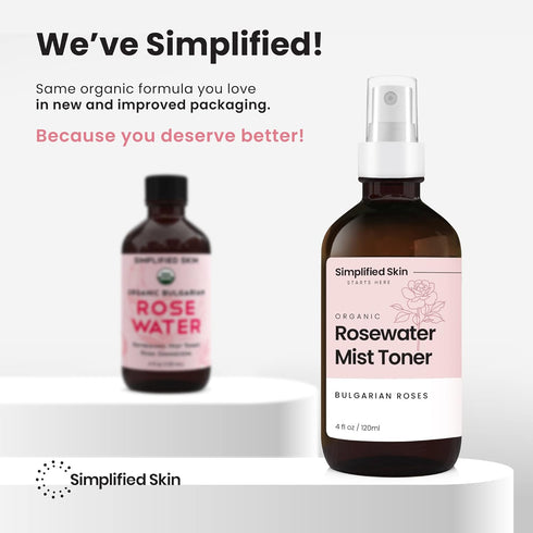 Simplified Skin Rose Water Spray - 100% Natural Organic Face Toner & Makeup Remover, Hydrating Beauty Mist, 4 oz, 2 Pack