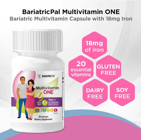 BariatricPal Multivitamin ONE - 1 per Day! Bariatric Multivitamin Capsule with 18mg Iron (30 Count)