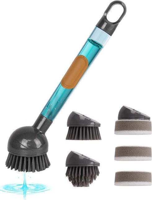 Soap Dispensing Dish Brush Storage Set with 360 Rotating Head, Kitchen Brush