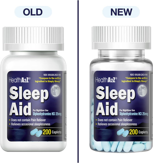 HealthA2Z Sleep Aid 200 Caplets | Diphenhydramine HCl 25mg | Regular Strength Non-Habit-Forming Sleeping Pills