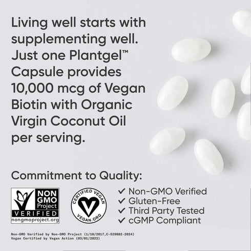 Sports Research Vegan Biotin 10,000mcg with Organic Coconut Oil, 30 Softgels for Hair & Skin Support