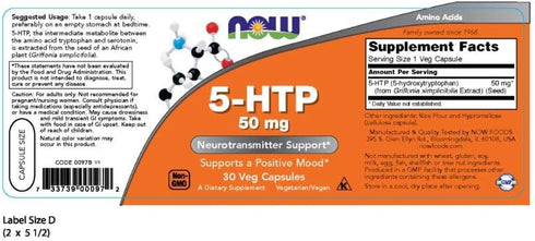 NOW Supplements, 5-HTP (5-hydroxytryptophan) 50 mg, Neurotransmitter Support*, 30 Veg Capsules