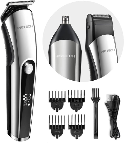PRITECH Beard Trimmer for Men, 3 in 1 Hair Clippers Kit, Nose Hair Trimmer, Cordless Electric Hair Trimmer (Silver)
