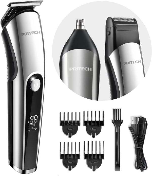 PRITECH Beard Trimmer for Men, 3 in 1 Hair Clippers Kit, Nose Hair Trimmer, Cordless Electric Hair Trimmer (Silver)