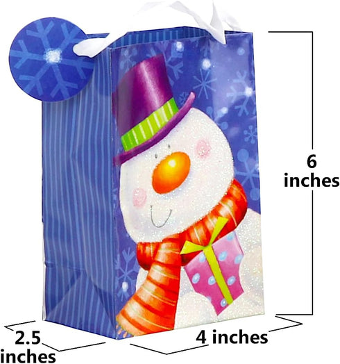 Iconikal 20-Pack Christmas Gift Bags - Small 4x6x2.5-Inch, Snowman, Santa, Reindeer, with Ribbon Handles