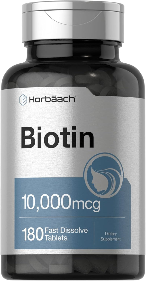 Horbaeach Biotin 10000mcg | 180 Vegetarian Tablets | Non-GMO, Gluten Free Beauty Supplement Formula