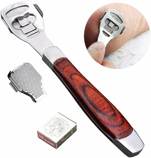 Stainless Steel Callus Shaver Pedicure Dead Skin Remover, Heel Razor with Wooden Handle & 10 Blades